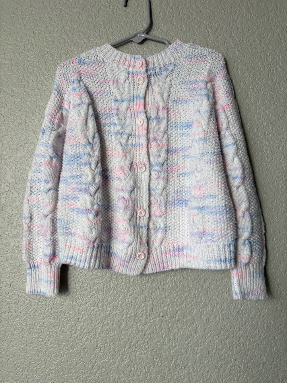 Cozy Pastel Knit Button-Back Sweater - White with Pink & Blue